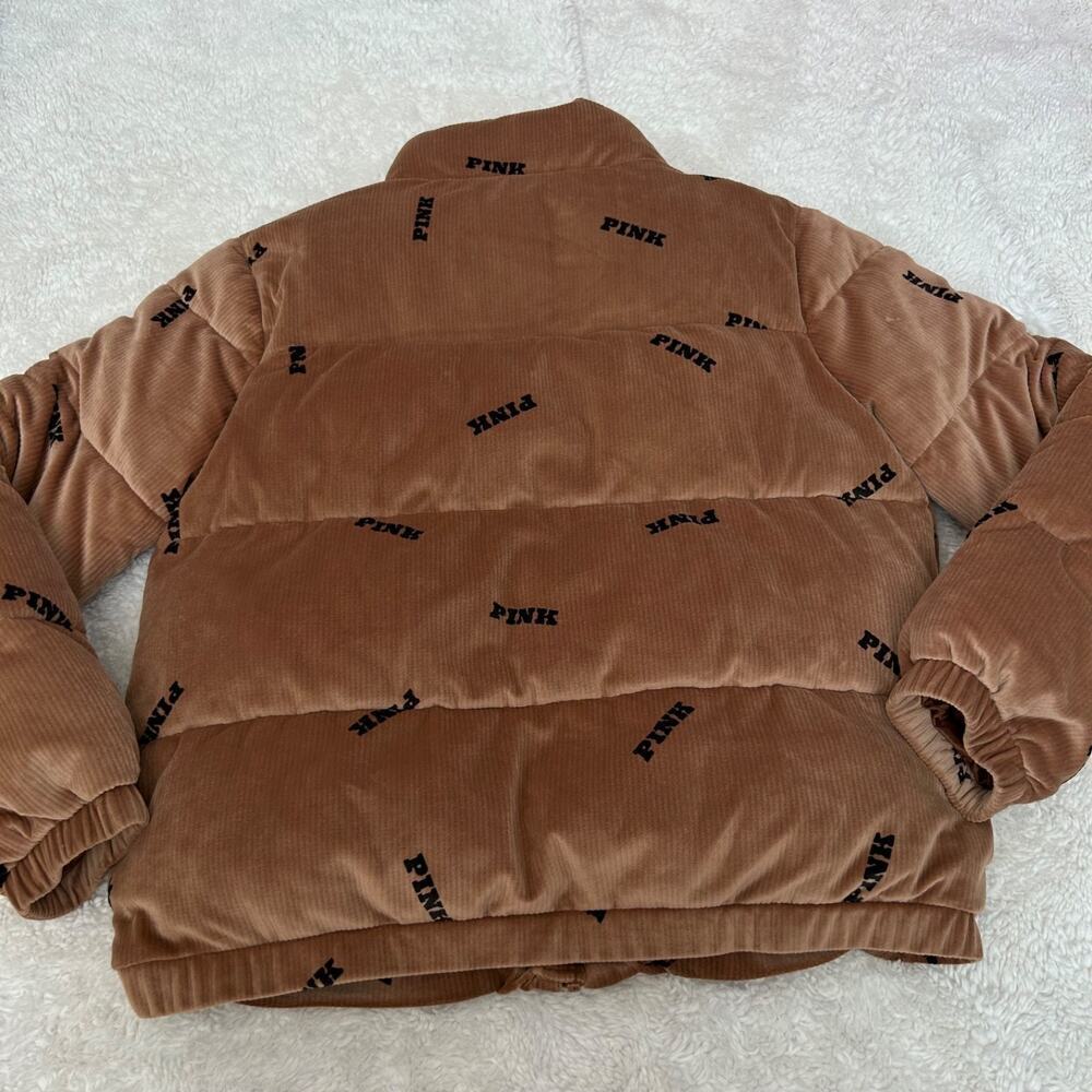 VS Pink Womens Rib Velour Puffer Caramel M Preppy Casual School Logo Winter/Fall - Picture 2 of 8